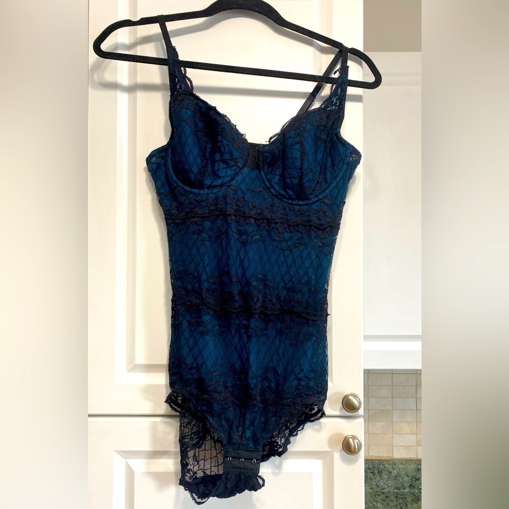 Black Blue Mesh Lace Bodysuit
